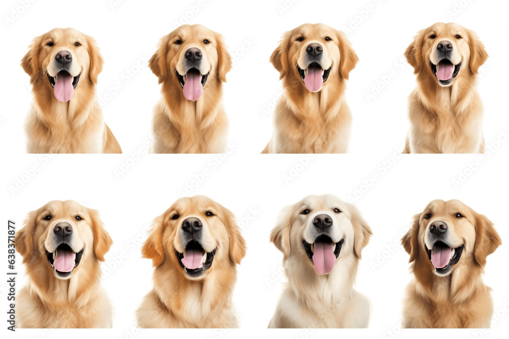 Multiple Set of Smiling Golden Retrievers Isolated on Transparent Background - Generative AI