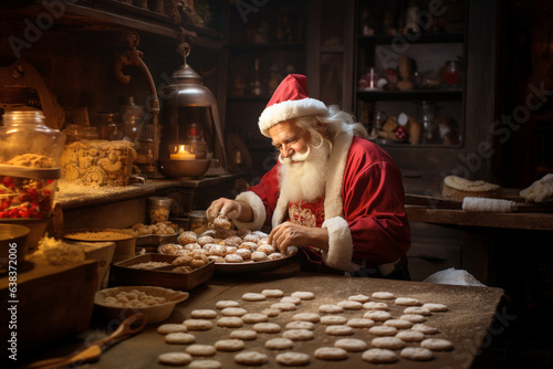 Santa Claus is baking a variety of christmas cookies, sweets with star anise and cinnamon, traditional holiday baking, homemade gingerbread, generative AI © Berit Kessler