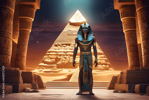 Print op canvas A Pharaoh inside an Egyptian pyramid. Generative Ai
