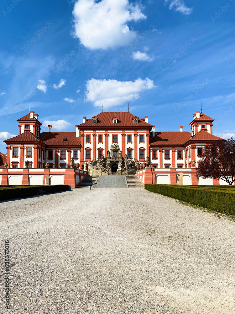 Troja Palace. Historical catle with in the spring morning. Beautiful baroque chateau with road and green garden. Cityscape scene from Troja, Prague, Czech Republic Troja Palace. Historical catle with in the spring morning. Beautiful baroque chateau with road and green garden. Cityscape scene from Troja, Prague, Czech Republic