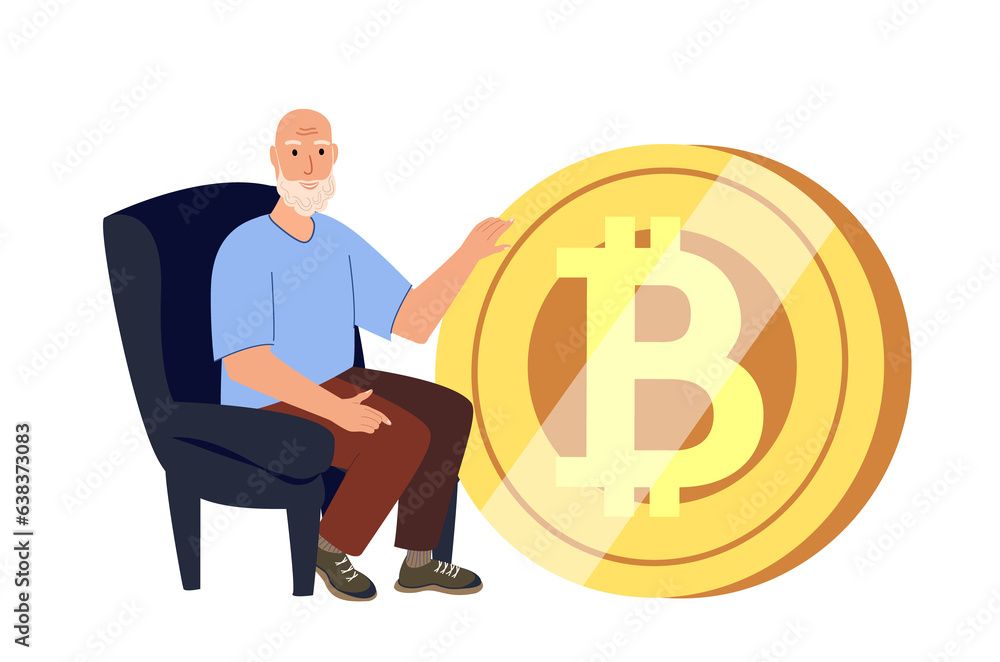 Old Retired Confident Man Sitting near the Huge Bitcoin Sign,Bitcoin Symbolizing Success And Financial Achievement.A Decentralized Digital Crypto Currency,Gaining Control Over Financial Transactions Old Retired Confident Man Sitting near the Huge Bitcoin Sign,Bitcoin Symbolizing Success And Financial Achievement.A Decentralized Digital Crypto Currency,Gaining Control Over Financial Transactions