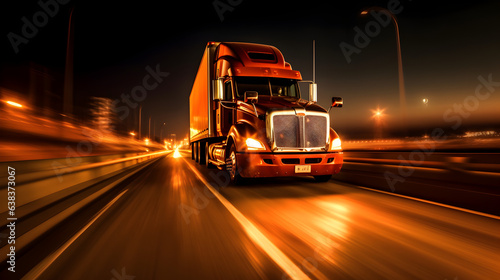 ruck driving on highway at night, car headlight light trail speed motion blur. Generative AI