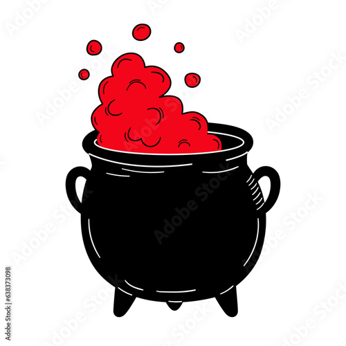 Hand drawn witch cauldron with boiling potion. Doodle drawing of witchcraft boiler. Halloween decoration for card, poster, invitation design. Vector illustration.