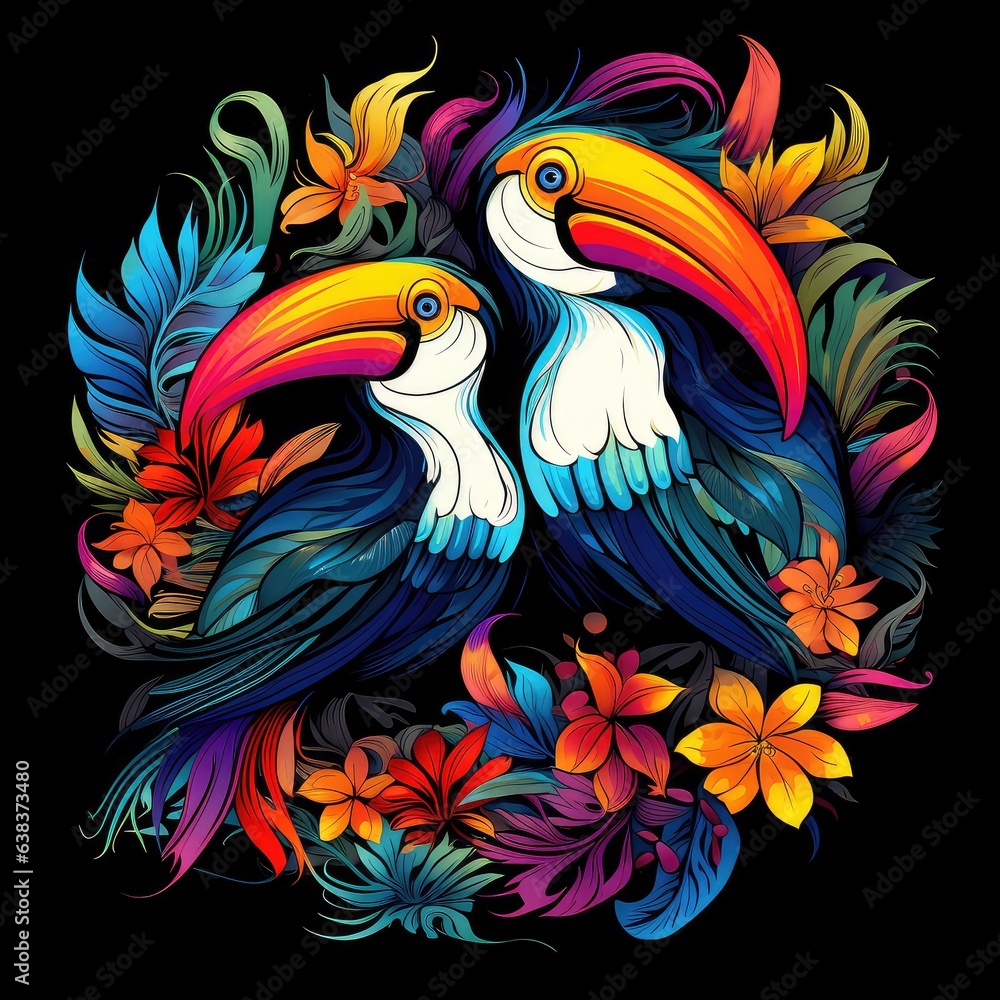 Obraz premium Toucan among flowers in colourful pop art style.