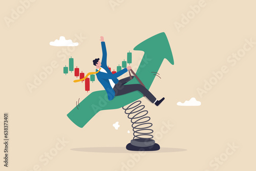 Photo Riding market up trend, risk and uncertainty, stock market or cryptocurrency volatility, price movement, risk management concept, businessman investor or trader riding volatile rising up arrow rodeo