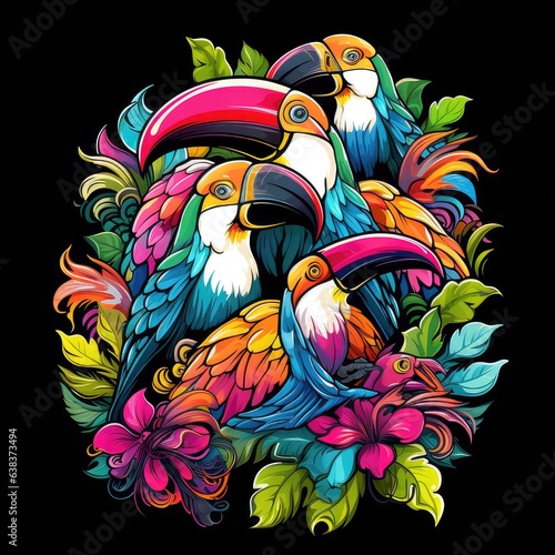 Toucan among flowers in colourful pop art style.
