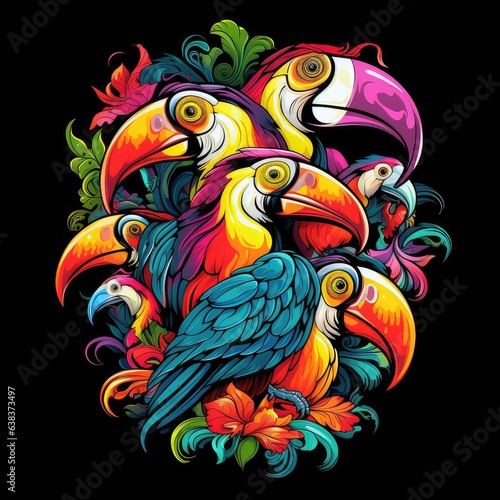 Toucan among flowers in colourful pop art style. © misu