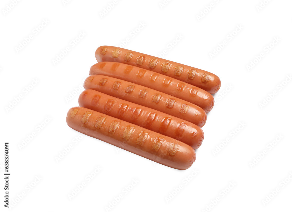 Tasty grilled sausages on white background. Ingredients for hot dogs Tasty grilled sausages on white background. Ingredients for hot dogs