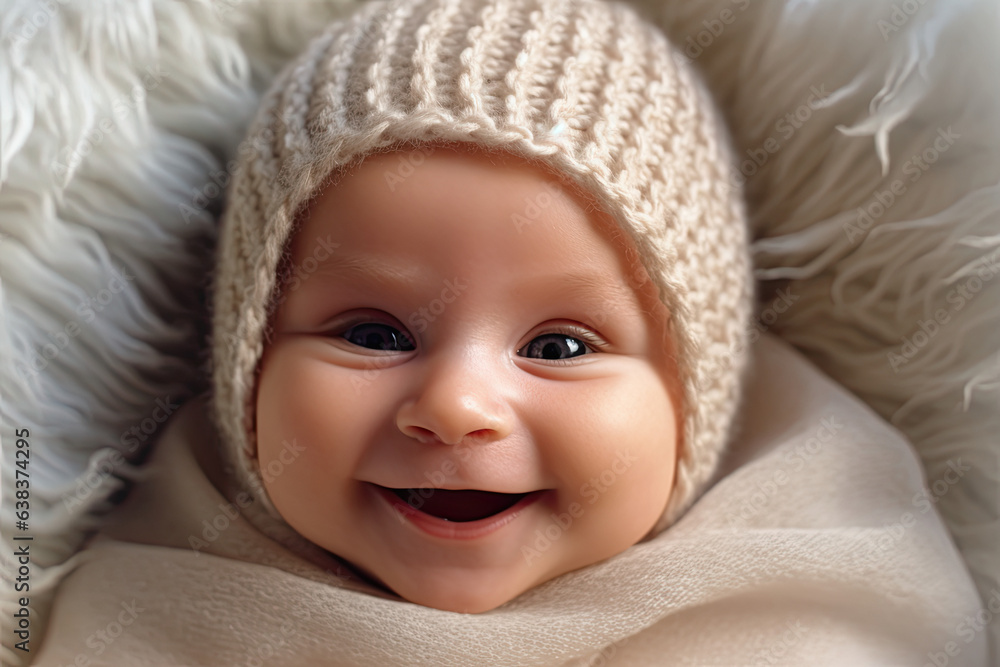 Close up of a cute newborn baby, happy and smiling baby Close up of a cute newborn baby, happy and smiling baby