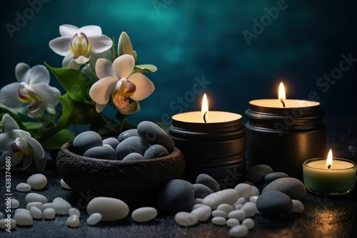 Spa composition with aromatic candles  sea salt and stones on dark background  SPA skin care theme