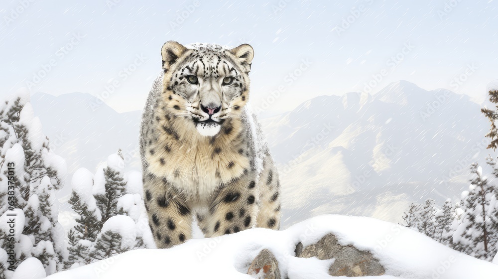 Fototapeta premium Snow leopard photo realistic illustration - Generative AI.