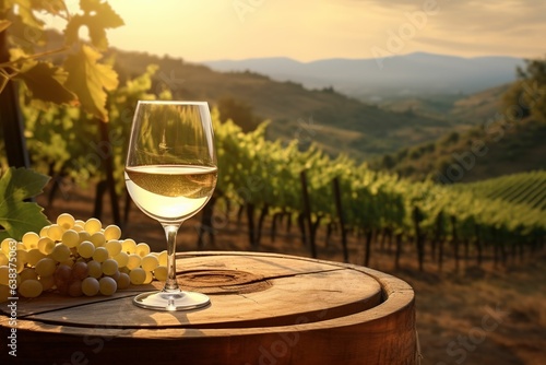 Closeup shot of a glass of white wine against the background of a vineyard  white wine on an oak barrel  wine creative