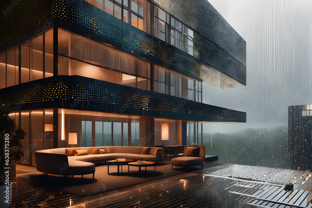 Fototapeta premium hotel have many glass windows on rainy day with dark forest background created with generative Ai