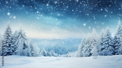 winter landscape with trees，Background image with snowflakes and Christmas pine forest, Christmas pine forest themed background image with blank creative space, winter sale background, happy new year  © yuanfeng Z