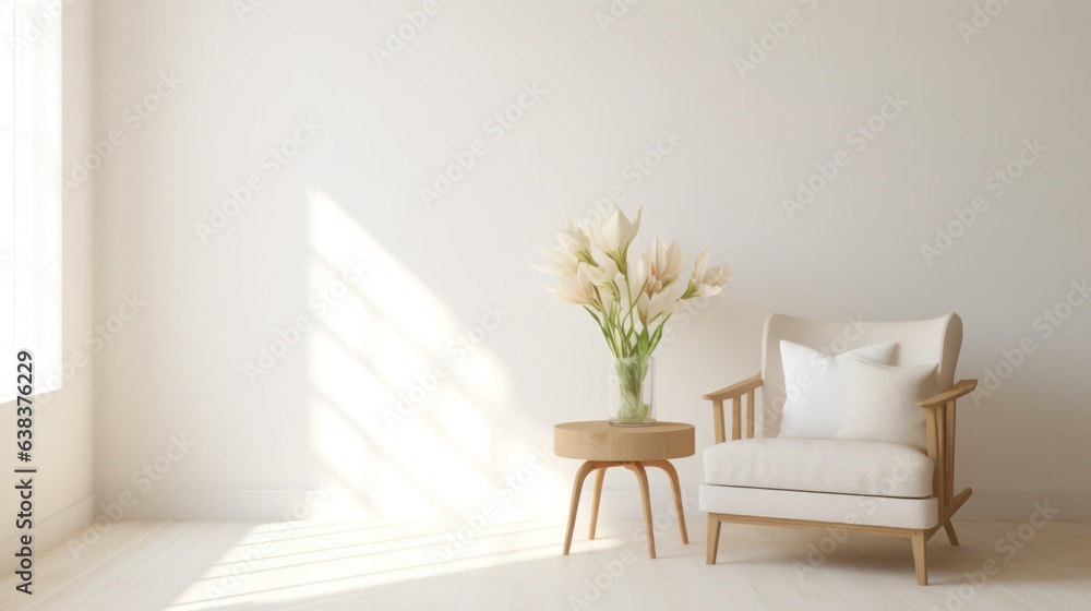 armchair and a vase with white calla lily flowers in empty room, minimalist modern living room interior background, scandinavian style, empty wall mockup