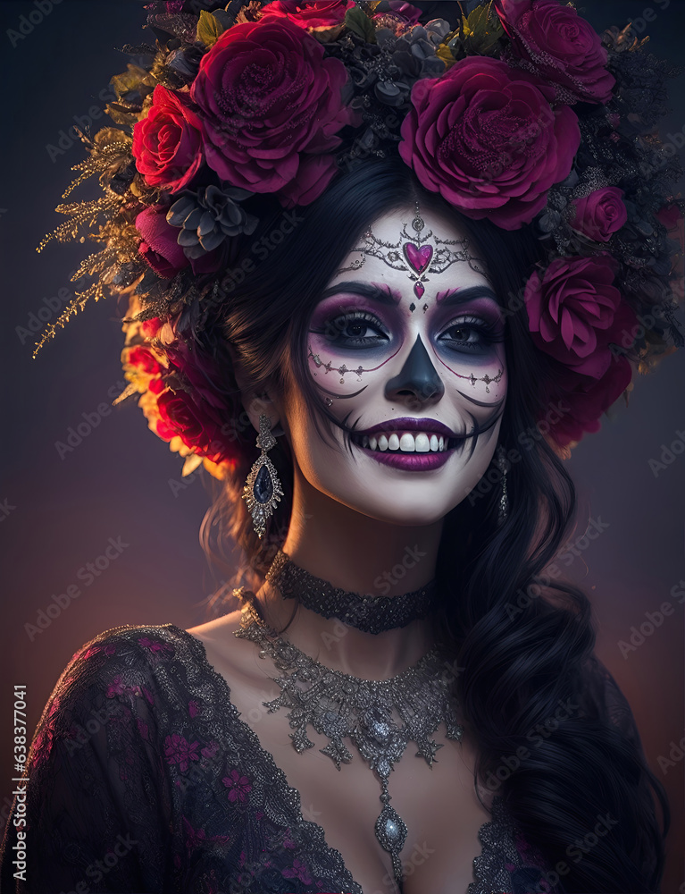 beautiful woman with painted skull on her face for Mexico's Day of the Dead beautiful woman with painted skull on her face for Mexico's Day of the Dead