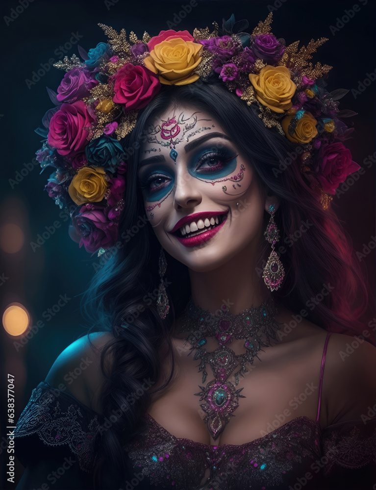 beautiful woman with painted skull on her face for Mexico's Day of the Dead beautiful woman with painted skull on her face for Mexico's Day of the Dead