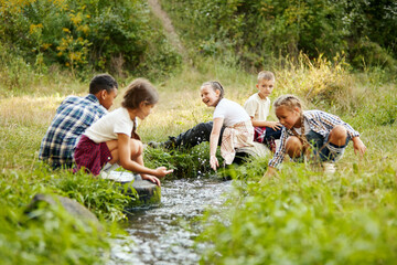 Children playing near little river in forest, drinking water. Warm sunny day activity. Refreshment. Concept of leisure activity, childhood, summer, friendship, active lifestyle, fun, nature