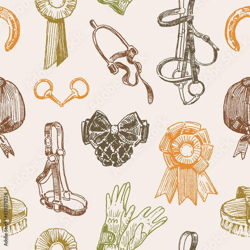 Seamless pattern with classical equestrian tack and clothing items, hand drawn vintage style, horse harness, sport wear and accessories