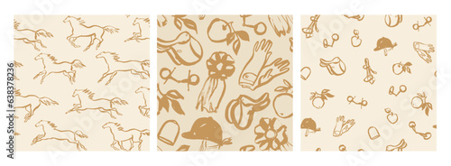 Equestrian seamless pattern, line art style, horseback riding tack and harness, classical style background templates