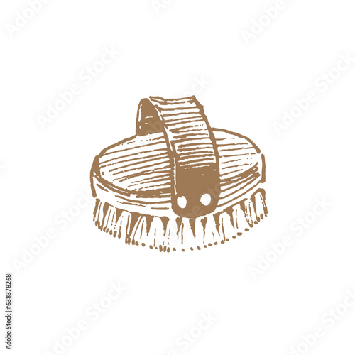 Hand drawn wooden brush, animal grooming item, engraving style drawing