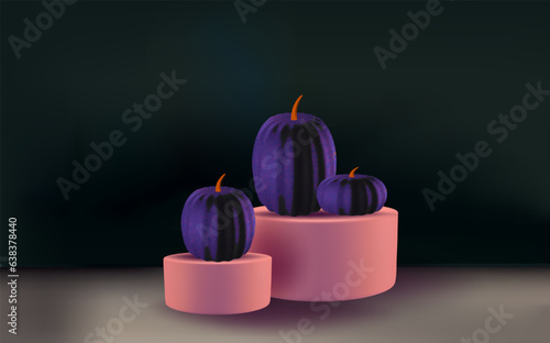 Festive Halloween background decorated with black pumpkins with podium.Minimal realistic 3d design stage pedestal.