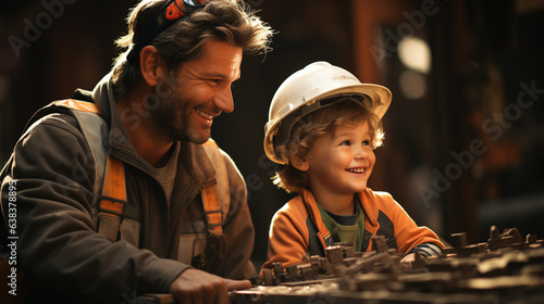 Father and little son construction workers in special uniforms.