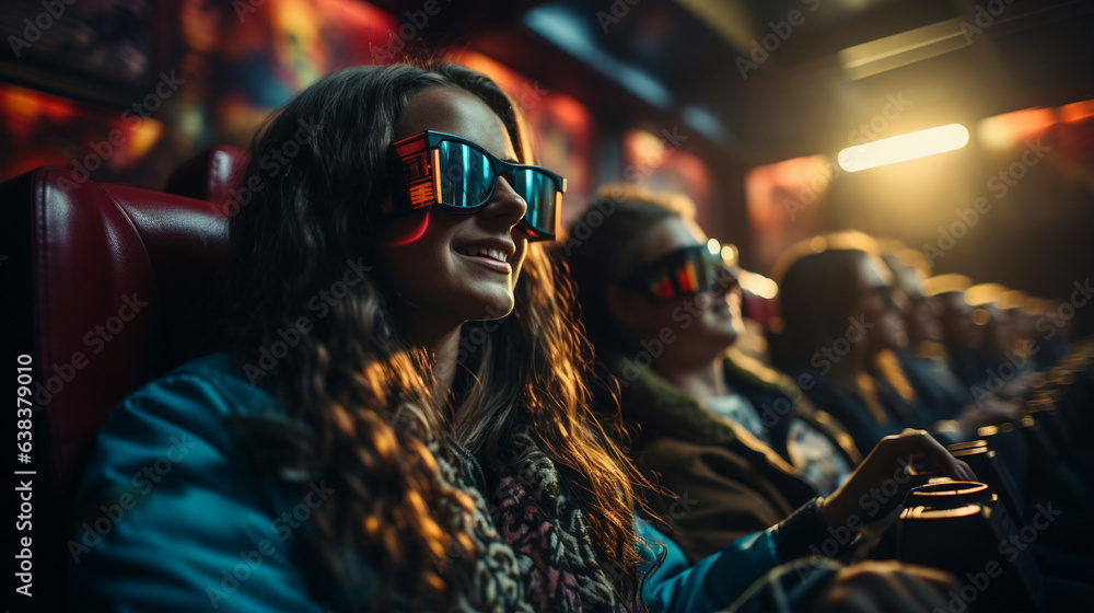 Group of people wearing 3d-glasses watching a movie in cinema. Group of people wearing 3d-glasses watching a movie in cinema.