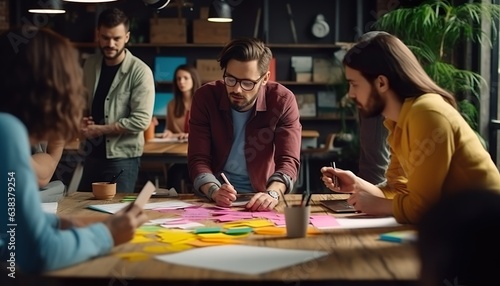Discuss with colorful note paper on the wooden table, plan the concept of success