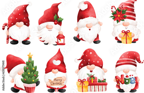 Watercolor Illustration set of Christmas gnome and Christmas ornaments