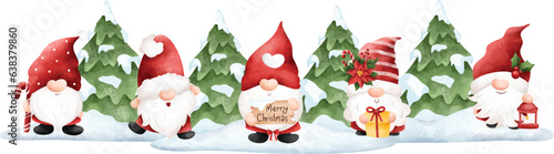 Watercolor illustration Christmas gnomes and snow tree banner