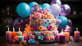 Colorful Balloon Bouquet Surrounding Birthday Cake and Wishes