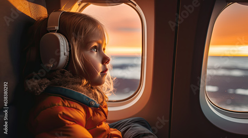 Side view of calm girl in headphones sitting on chair looking out the windows in airplane