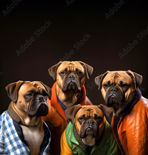 Creative animal concept. Bullmastiff dog puppy in a group, vibrant bright fashionable outfits isolated on solid background advertisement, copy text space. birthday party invite invitation banner