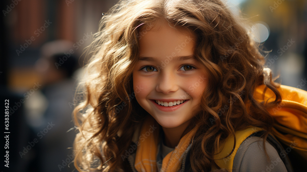 Smiling elementary student girl smiling and ready to board school bus. Smiling elementary student girl smiling and ready to board school bus.
