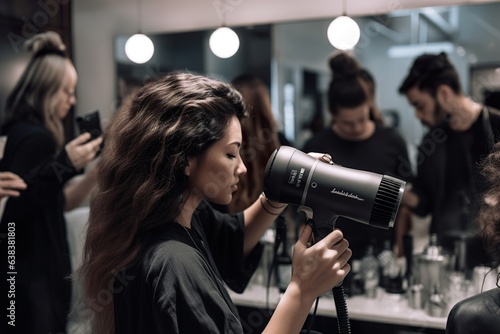 A hairdresser does a model's hair for a fashion show