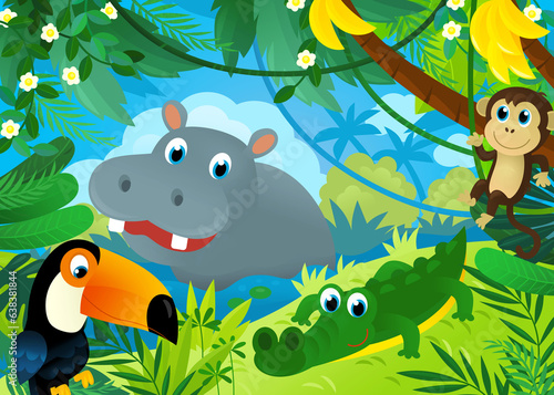 Fototapeta Naklejka Na Ścianę i Meble -  cartoon scene with jungle and animals being together with tucan bird illustration for children
