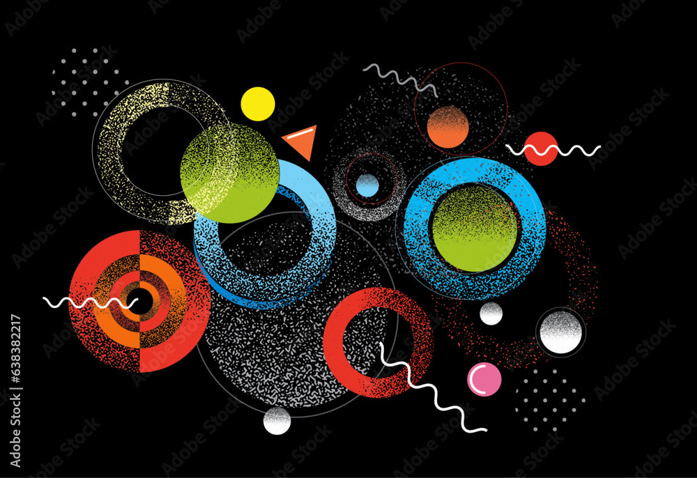 A Geometric circle, ring, and spherical elements elevated by textured grunge halftone illustrations in shades of blue, green, red, and gray on black background. Interior wall art, vector illustration.
