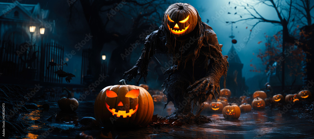 Halloween pumpkins at full moon night with a spooky house and bats in a forest. Holiday event background. - obrazy, fototapety, plakaty 