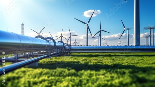 A hydrogen pipeline with wind turbines and in the background photo