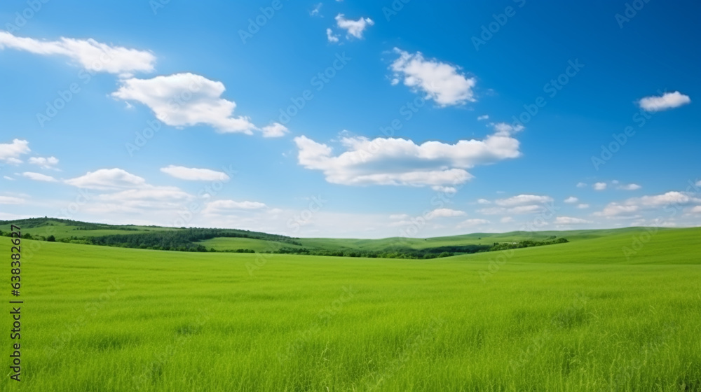Field of green grass and blue sky with white clouds