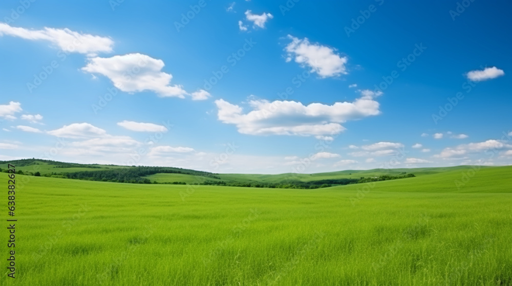 Field of green grass and blue sky with white clouds Field of green grass and blue sky with white clouds