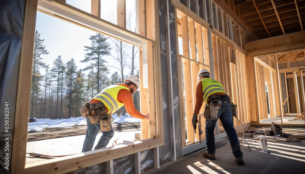 A team of workers installing windows and doors in a new house A team of workers installing windows and doors in a new house