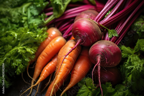 Red beets and young carrots with drops of water and green leaves