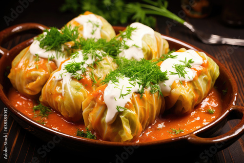 Cabbage rolls in cabbage leaves and tomato sauce