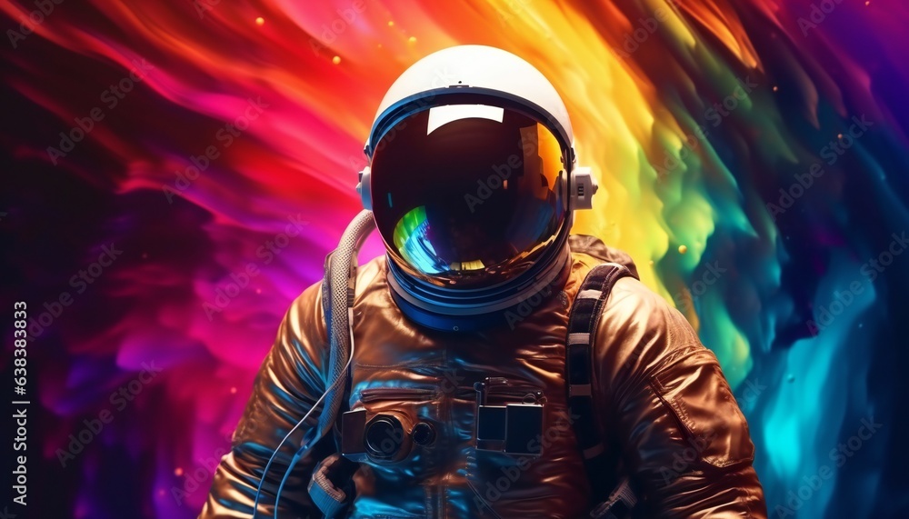 Abstract image of cosmonaut in colours of rainbow