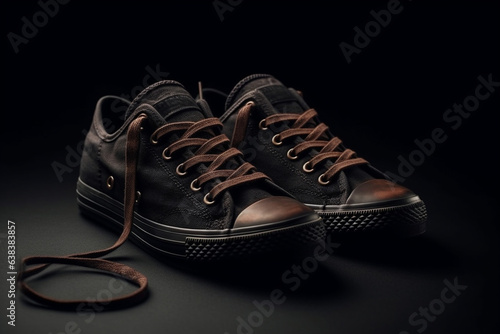 Pair of black sneakers with corduroy brown color lace on a black background