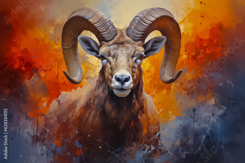 A painting of a ram with large horns photo