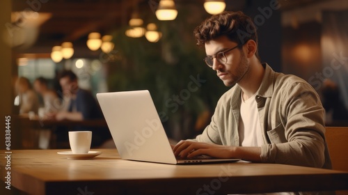 Man working on laptop, boy freelancer or student with computer in cafe at table looking in camera