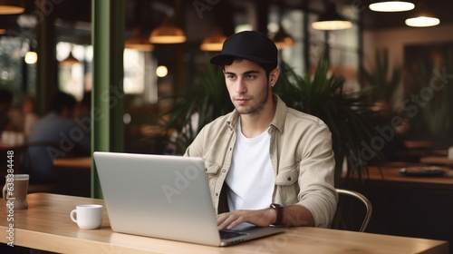 Man working on laptop, boy freelancer or student with computer in cafe at table looking in camera